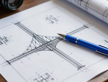 Close-up photography of a set of blueprints for a bridge intersection, laid out on a professional desk. A steel blue pen rests on the document. The lighting is bright and technical, showing fine details of civil engineering design.