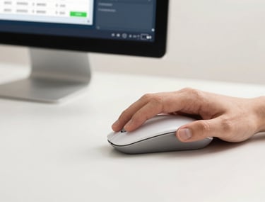 A detailed close-up of a hand using a sleek computer mouse on a minimalist white desk. A clean, modern software interface for business filing is partially visible on a monitor in the background. The lighting is bright and clean, using the off-white and medium blue palette.