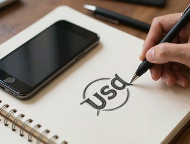 A detailed close-up of a person sketching a brand logo in a notebook. Beside it is a high-end smartphone and a stylus. The composition is artistic and clean, highlighting creativity and planning. North American / US setting.