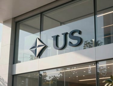 A sleek, modern business lobby with a company logo prominently but elegantly displayed on a glass wall. The design is minimal and sophisticated. Soft daylight fills the space. North American / US architecture.