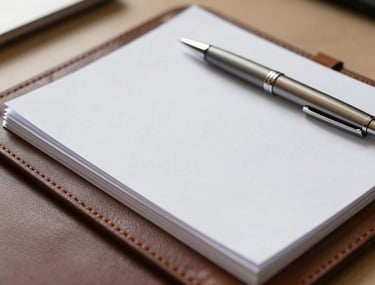A close-up, high-angle shot of a high-quality leather folder containing neatly arranged business documents. A modern metal pen rests on the folder. Soft, warm natural light creates a professional and organized atmosphere. North American / US office setting.