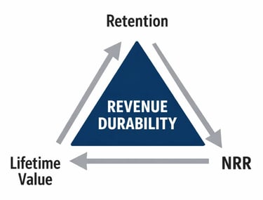 Revenue durability model linking retention, net revenue retention (NRR), and lifetime value (LTV)