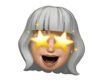 Excited Memoji with white hair, freckles, and yellow stars over eyes.