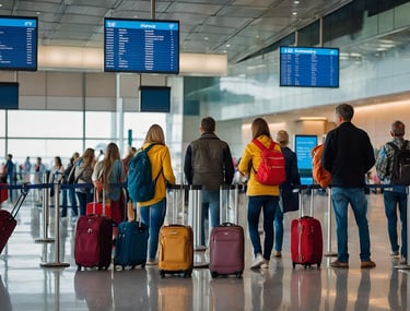 Airline passengers with carry-on bags queuing at an international airport, check-in and security line for boarding