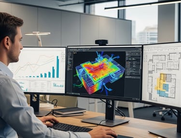 a man sitting at a desk with a computer monitor and a computer assessing energy consumption