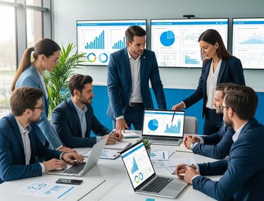 a group of workers in an energy company with a blueprinted energy plan for energy consulting