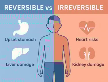 Split body illustration showing reversible vs irreversible ibuprofen side effects by organ and symptom