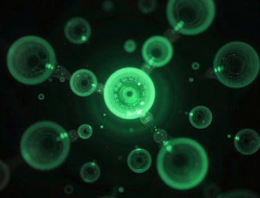 Macro close-up of liquid crystal structures, with subtle emerald-green backlighting, dark obsidian background, moody editorial photography