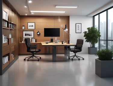 Image depicting electrostatic disinfection in a contemporary business office setting.