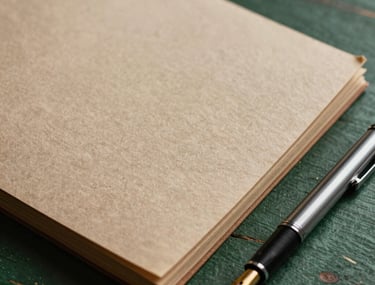 Close-up of high-quality handmade paper with a visible deckle edge resting on a dark forest green wooden surface. A single fountain pen lies next to it. Sharp focus on texture, warm sand and forest green tones. South Asian / Global Professional style.