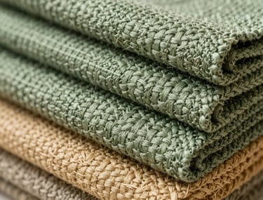 A stack of woven textiles in various shades of sage green and warm sand. Close-up on the intricate weaving patterns. Soft, natural side-lighting. No people or animals.