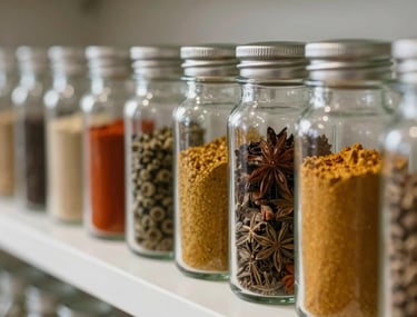 Detailed view of a row of minimalist glass jars filled with different spices, arranged on a paper white shelf. Focus on the geometry and repetition. Serene and professional. South Asian context.