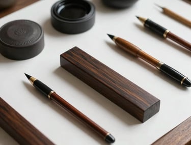 Close-up of ancient-style calligraphy tools on a modern paper white desk. Ink pots and wooden pens. Soft shadows, professional lighting. No living beings.