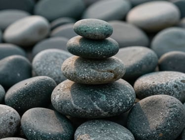 A pile of smoothed river stones in different shades of gray and charcoal green, stacked carefully. Focus on balance and texture. South Asian professional aesthetic.