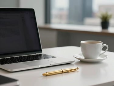 A clean, modern office desk with a laptop, a gold pen, and a cup of coffee. The background is a blurred high-end office in Houston. Elegant and calm atmosphere. North American / Hispanic style.