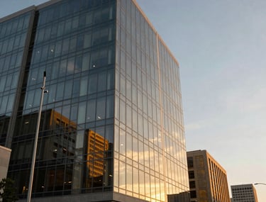 Exterior of a modern office building in Houston at dusk. The glass reflects the golden sky. High-end real estate photography.
