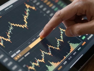 Close-up of financial charts and graphs on a high-resolution tablet screen. A professional hand is scrolling through the data. Modern dark theme with gold accent colors.