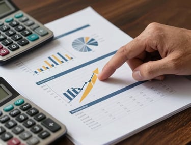 Close-up of high-quality business documents and a financial calculator on a dark wood table. A professional hand is pointing to a data chart. Gold and navy blue lighting accents. North American / Hispanic corporate environment.