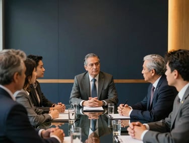 A sophisticated meeting room with dark navy walls and warm gold lighting. Professional North American / Hispanic individuals are sitting around a glass table engaged in a serious discussion.
