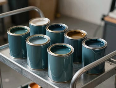 An artistic shot of paint cans and brushes arranged neatly on a silver metal cart in a North American film studio. The color of the paint is a deep, muted teal, reflecting the artistic brand palette.