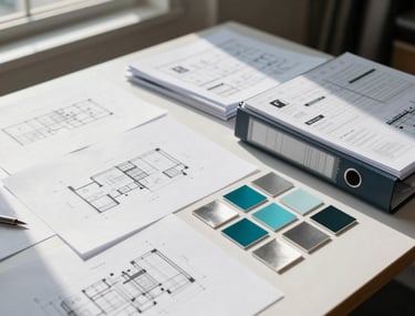 A high-contrast photograph of a set designer's desk in a North American studio, covered in architectural drawings, small paint swatches in teal and silver, and technical management binders. Natural light spills across the surface from a nearby window.