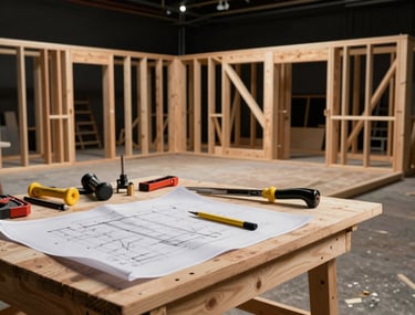 A professional wide shot of a partially constructed wooden set on a studio floor. Construction tools and blueprints are visible on a workbench in the foreground. The lighting is focused and artistic, emphasizing the craft of North American set building.