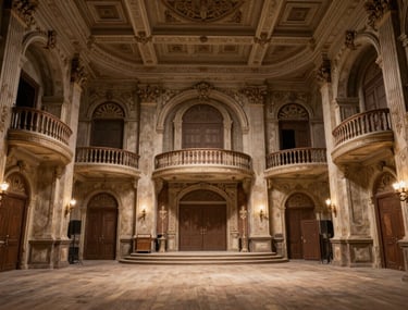 A large-scale production still showing a finished, highly detailed period interior set. The lighting is warm and cinematic, showcasing complex scenic aging and intricate architectural details on the walls and ceiling.