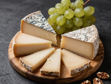 A professional high-angle shot of an artisanal cheese board with grapes and nuts, set on a dark textured background for a sophisticated look.