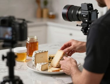 A behind-the-scenes shot of a content creator in a bright North American kitchen studio, meticulously arranging a plate of local cheeses and artisanal honey for a professional photo shoot.
