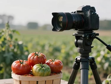A professional photo shoot in progress at a local farm in North America, featuring a camera on a tripod pointed at a basket of colorful heirloom tomatoes in the morning light.