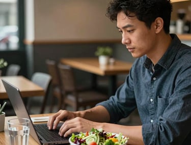 A content strategist at work in a North American cafe, typing on a laptop with a bowl of fresh organic salad and a glass of water nearby.