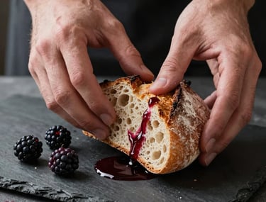 Close-up of a person's hands holding a piece of artisanal crusty bread over a slate board, with dark ripe crimson juice from fresh berries drizzled nearby.