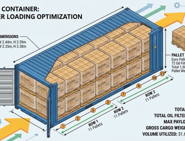20-foot shipping container loading optimization diagram oil filter pallets logistics supply chain