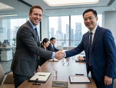 Business handshake between new distributor and Chinese manufacturer representing successful partnership