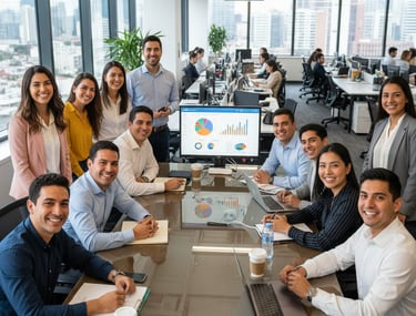 Empleados contentos trabajando en una empresa que les da el beneficio de un seguro de vida