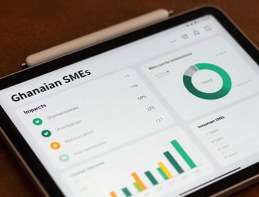 A close-up detail of a modern data dashboard showing impact metrics for Ghanaian SMEs, displayed on a tablet screen in a setting with warm Earth Brown accents.