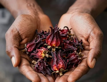 A close-up photograph of dried Hibiscus sabdariffa calyces held in a pair of artisan's hands in a West African setting. The composition is clean and focused, highlighting the rich crimson texture of the herbs. Natural lighting.