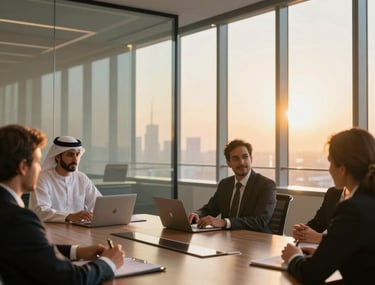 An artistic shot of a corporate boardroom in Dubai with glass walls and golden afternoon sunlight, emphasizing a professional and innovative spirit.