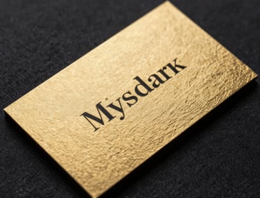 Macro photography of a gold and black business card with elegant serif typography, resting on a textured dark fabric, luxurious and corporate feel.