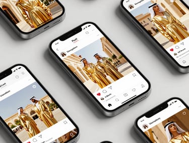 A collection of luxury social media posts displayed on mobile device mockups, featuring gold-toned fashion and architecture imagery, Middle Eastern / Gulf market focus.