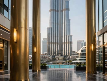 Elegant photography of a modern Dubai high-rise lobby with gold pillars and dark marble floors, symbolizing corporate excellence.