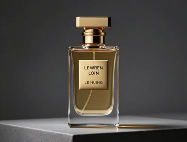 A high-fashion branding shot featuring a luxury perfume bottle on a pedestal, shot in dramatic cinematic lighting with dark gray and gold colors.