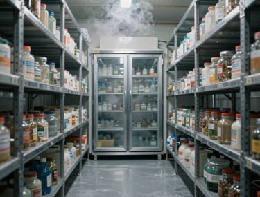 Inside view of a large commercial walk-in cold room storage facility with organized stainless steel shelving and cold vapor effect.