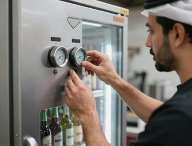 A technician adjusting temperature controls on a commercial beverage cooler in a restaurant kitchen in Riyadh, detailed professional service shot.