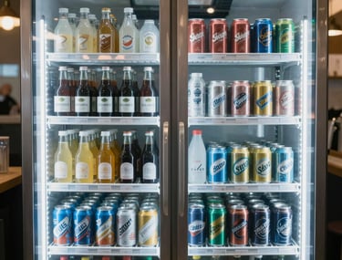 A glass door drink display fridge inside a modern coffee shop in Riyadh, neatly organized cold bottles and cans, crisp white and ice blue lighting.