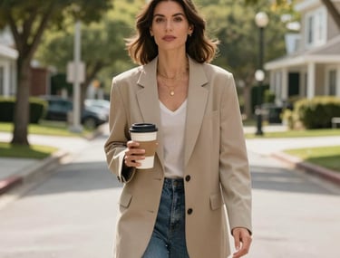 A stylish, candid shot of a chic mom holding a travel coffee cup, wearing an oversized beige blazer, gold layered necklaces, and denim, walking through a beautiful, bright tree-lined street in a modern North American / US suburban neighborhood.