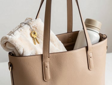 A crisp studio photograph of a premium, minimalist vegan leather tote bag in warm sand beige. The bag is packed with a stylish baby blanket, gold baby keys, and a reusable water bottle, showing its high capacity. Bright, natural lighting.