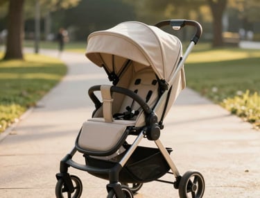 A candid outdoor photo of an ultra-modern, stylish beige stroller on a paved pathway in a sunny North American / US park. The afternoon light is warm and golden, casting beautiful soft shadows.
