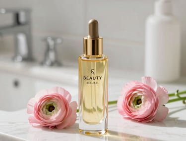 A close-up photograph of a luxury gold-capped beauty oil bottle sitting on a bright white marble countertop in a sunlit bathroom. Next to it, a small bouquet of fresh pink ranunculus flowers. North American / US aesthetic, natural lighting, clean and beautiful.