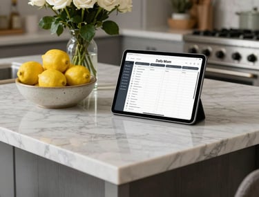 A bright photograph of a modern kitchen island in a North American / US home. On the marble counter, a digital tablet displays a stylish daily mom planner guide next to a ceramic bowl filled with fresh lemons and a vase of white roses.